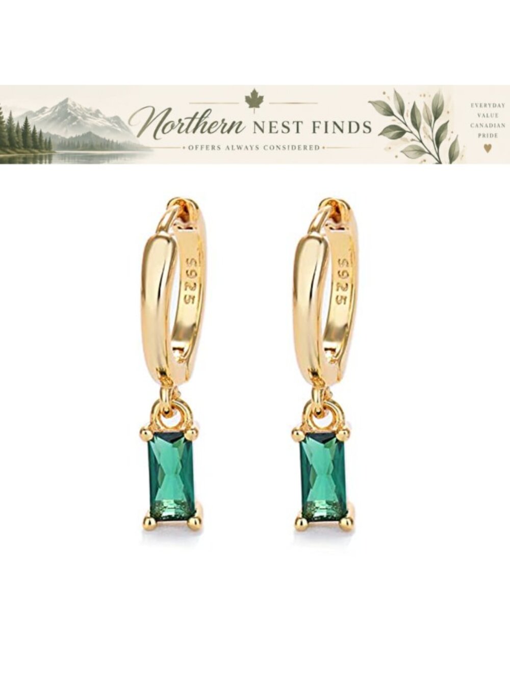 Small 14K Gold Hoop Earrings with Green Drop for Women
